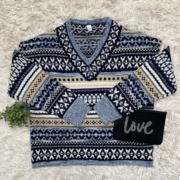 Cy V-Neck Knit Sweater ๐ Blue Tan & White - Picture 2 of 16